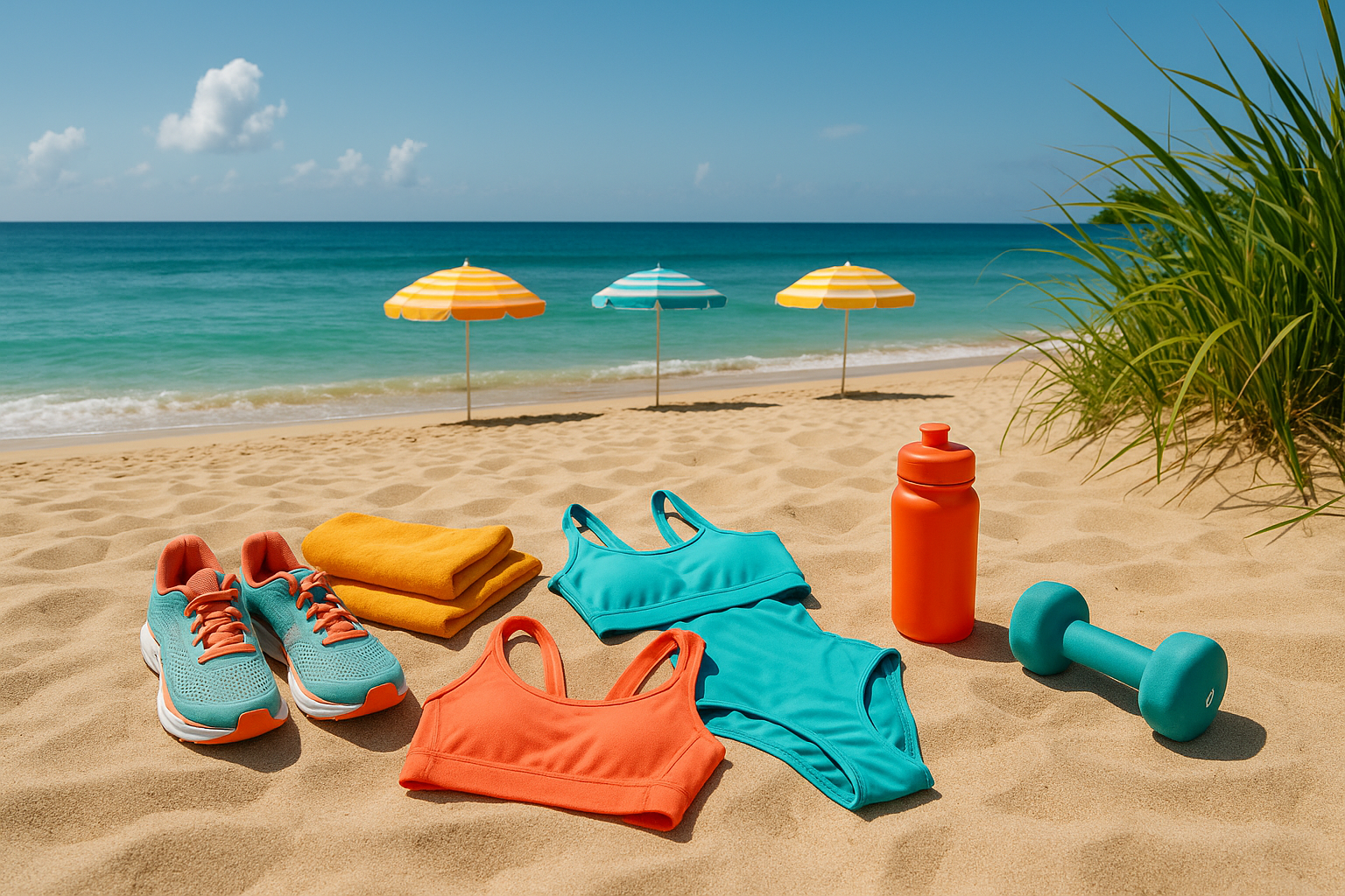 Cena de praia ensolarada com roupas de moda praia e fitness sobre a areia, representando o verão e a energia da BeaFashion